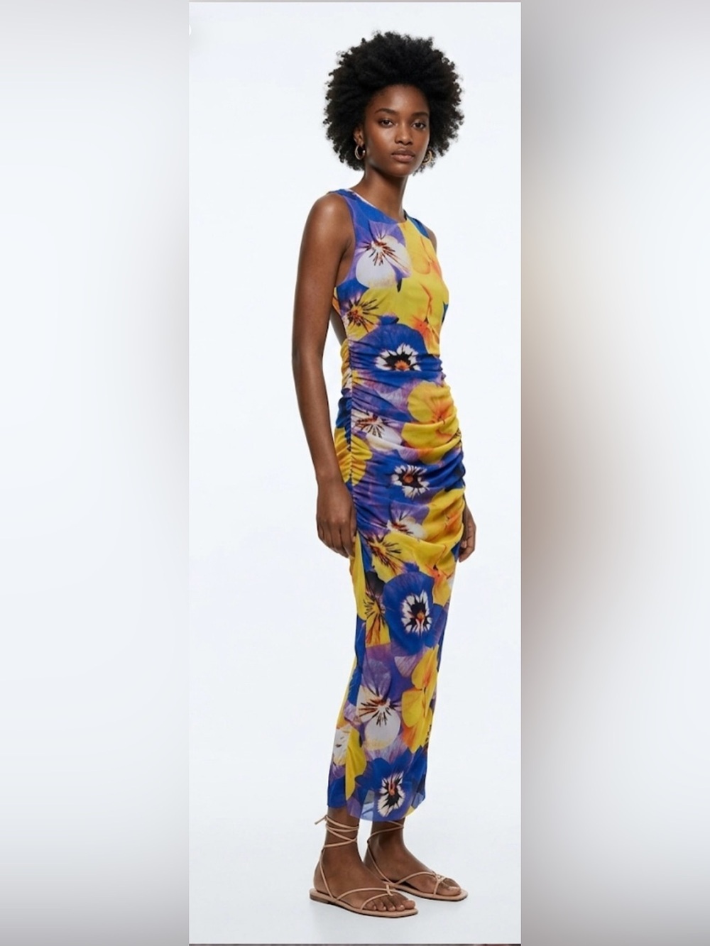 Zara Vibrant Floral Print Mesh Maxi Dress Criss Cross Open Back S